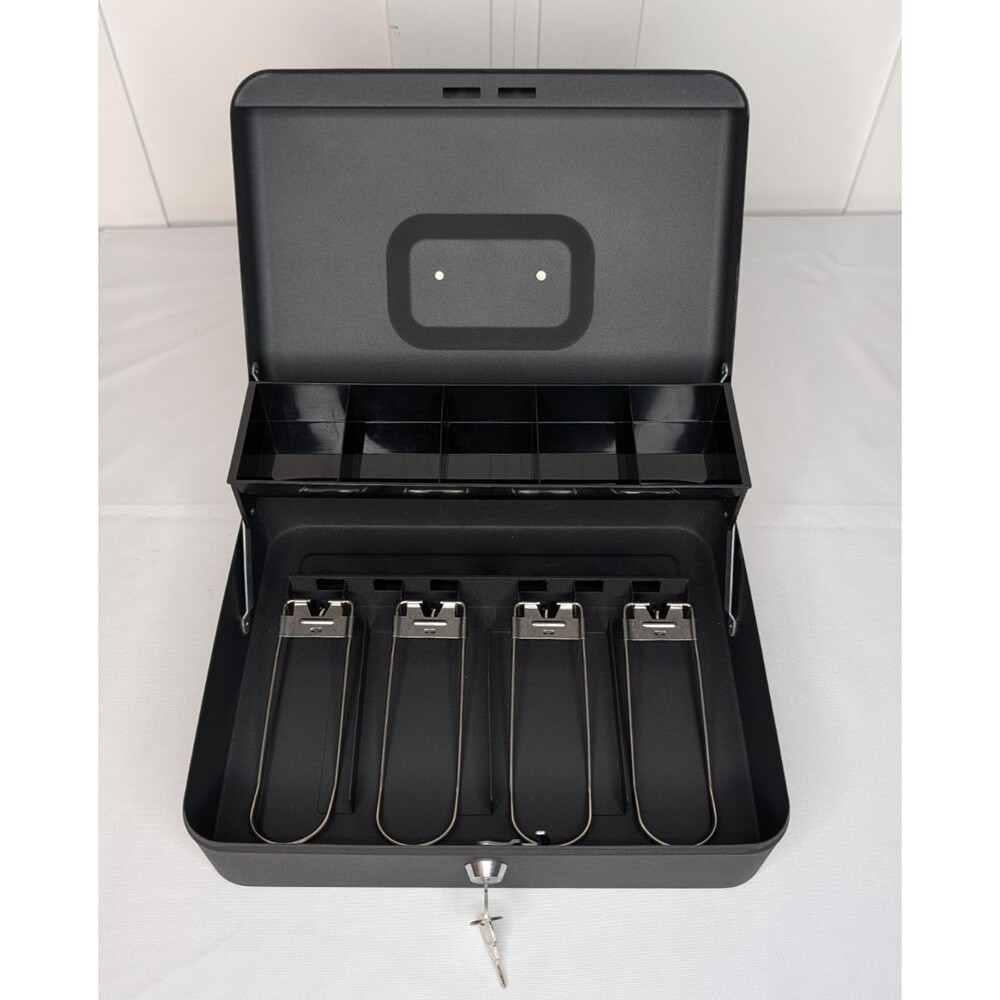 Large Lockable Cash Box with Money Tray & Key, Black, 11.8x9.45x3.54 - Picture 2 of 10